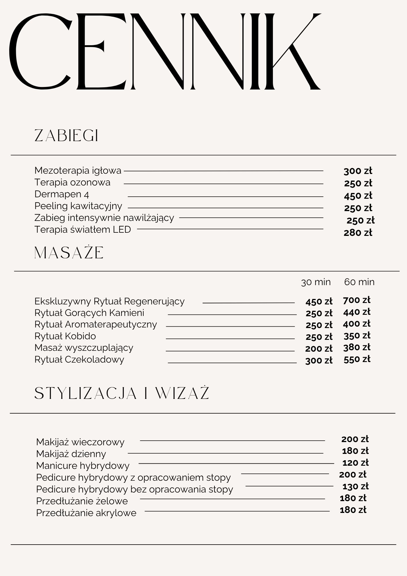czarno biały typograficzny cennik fryzjerski a4